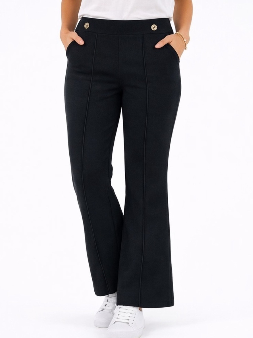 MICHAEL Michael Kors Black Flare Pants with Front Seam and Gold Buttons